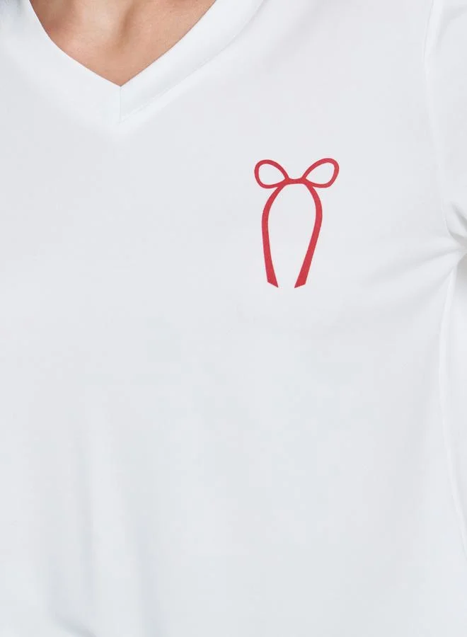 Styli V Neck Bow Print T-Shirt and Pyjama Set